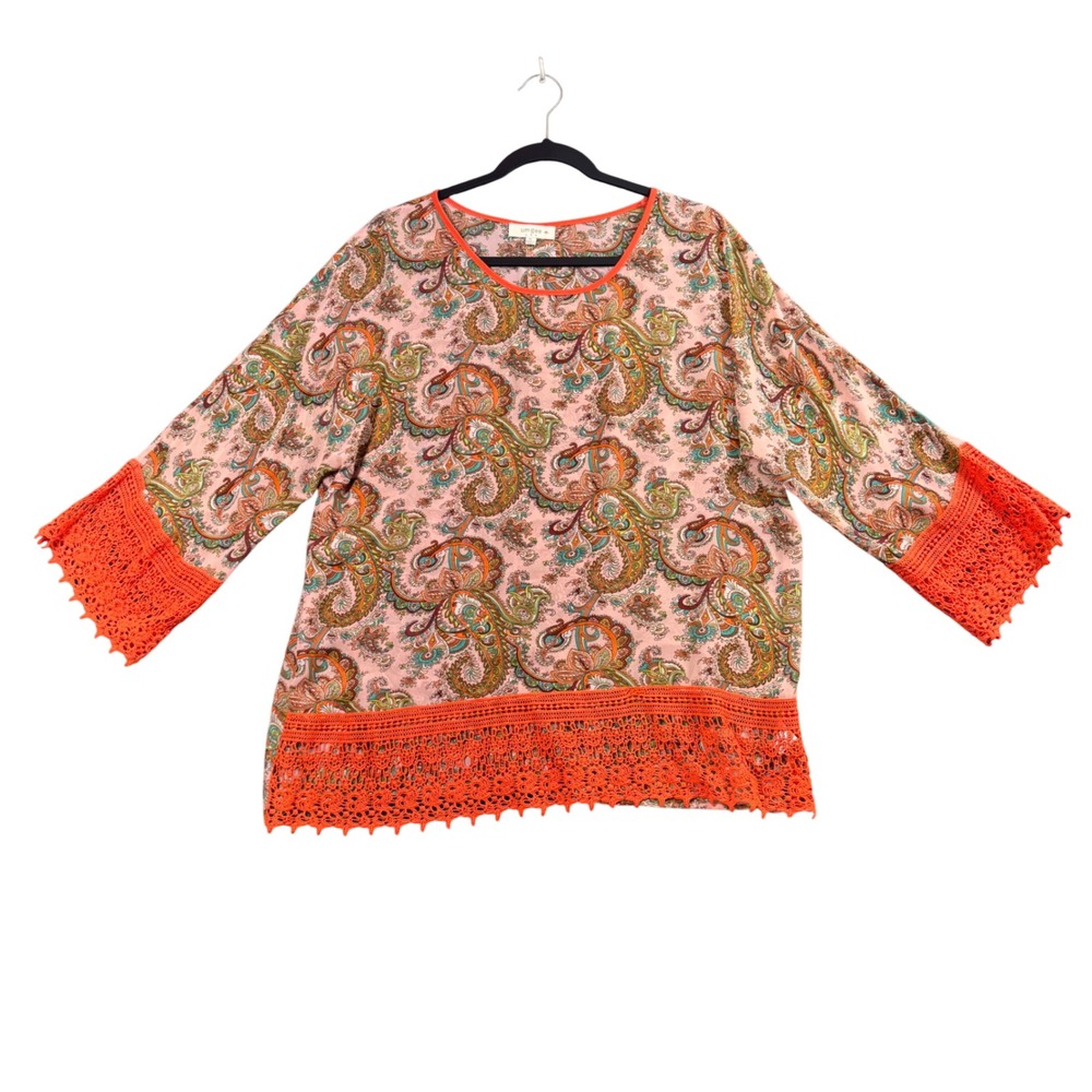 Boho Paisley Crochet Lace Top XL Orange Festival Peasant Blouse Cottagecore